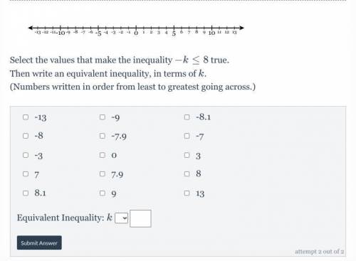 Select the values that make the inequality -k≤8−k≤8 true.

Then write an equivalent inequality, in