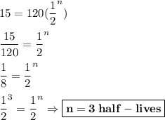 15=120(\dfrac{1}{2}^n)\\\\\dfrac{15}{120}=\dfrac{1}{2}^n\\\\\dfrac{1}{8}=\dfrac{1}{2}^n\\\\\dfrac{1}{2}^3=\dfrac{1}{2}^n\Rightarrow \boxed{\bold{n=3\:half-lives}}