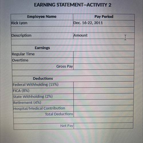 You are on your own this time. Using the Earnings Statement-Activity 2 worksheet, complete the earn