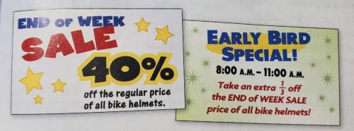 Shannon thinks that with the combined sales the bike helmets are now 70% off the regular price. Mar