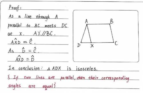 ABCD is a quadrilateral and a line through A parallel to BC meets DC at X. If angle D=angle C , prov