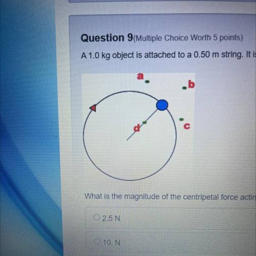 Question 9(Multiple Choice Worth 5 points)

A 1.0 kg object is attached to a 0.50 m string. It is