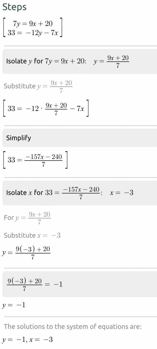 SOLVE BY SUBSTITUTION OR ELIMINATION
7y=9x+20, 33= -12y-7x