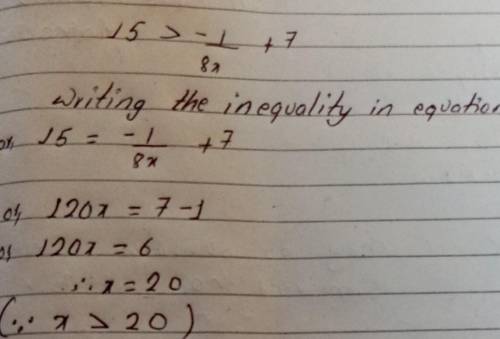 Solve the inequality.
15 > -1/8x + 7