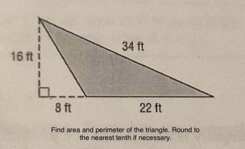 Find the AREA and PERIMETER of the triangle

‼️ASAP‼️
PLS HELP + EXPLAIN!! Thx!