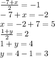 \frac{-7+x}{2} =-1\\-7+x=-2\\x=-2+7=5\\\frac{1+y}{2} =2\\1+y=4\\y=4-1=3