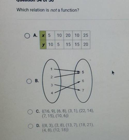 Which relation is not a function? A. X 5 10 | 20 | 10 | 25 | 10 5 15 15 20 1 5 2 B. 파 6 3 7 4 C. {(