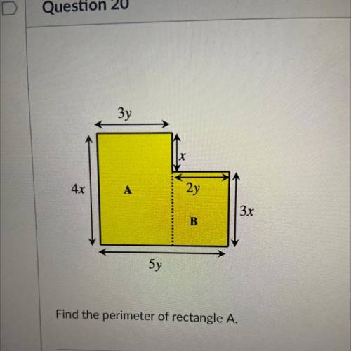 Зу
х
4х
A
2y
Зх
B
бу
Find the perimeter of rectangle A.