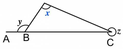 A, B and C lie on a straight line.

Given that angle 
y
= 120° and angle 
z
= 283°, work out 
x
.