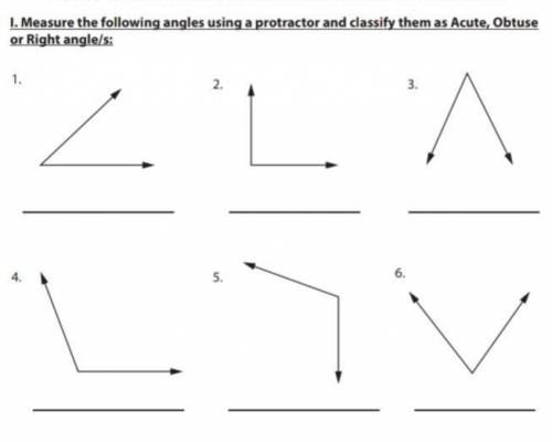 Measure the following angles using a protactor and classify them as acute, obtuse, or right angle/s