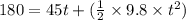 180 = 45t + ( \frac{1}{2} \times 9.8 \times  {t}^{2})