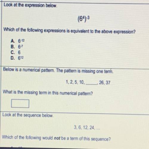 (64)-3

Which of the following expressions is equivalent to the above expression?
A. 6-12
B. 6-7
C