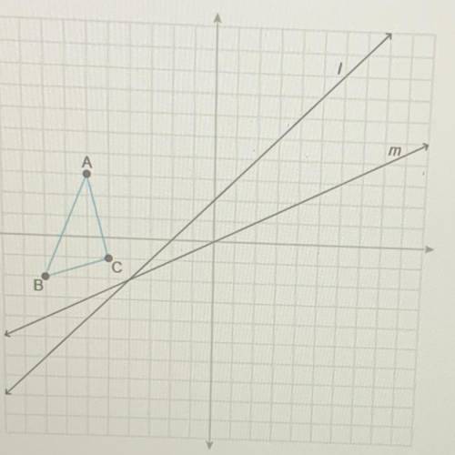 If the acute angle made by lines l and m is 24° and ABC is reflected across line l

followed by a