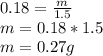 0.18=\frac{m}{1.5} \\m=0.18*1.5\\m=0.27g