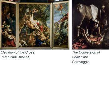 Help pls. rewarding crown!

How are these paintings by Baroque artists Caravaggio and Rubens simil