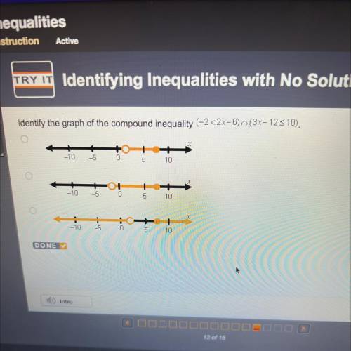 Identify the graph of the compound inequality (-2 <2x-6) (3x-125 10).