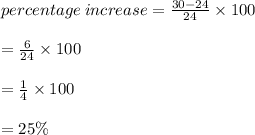 percentage \: increase =  \frac{30 - 24}{24}  \times 100 \\  \\  =  \frac{6}{24}  \times 100 \\  \\  =  \frac{1}{4}  \times 100 \\  \\  = 25\%
