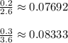 \frac{0.2}{2.6} \approx 0.07692\\\\\frac{0.3}{3.6} \approx 0.08333\\\\