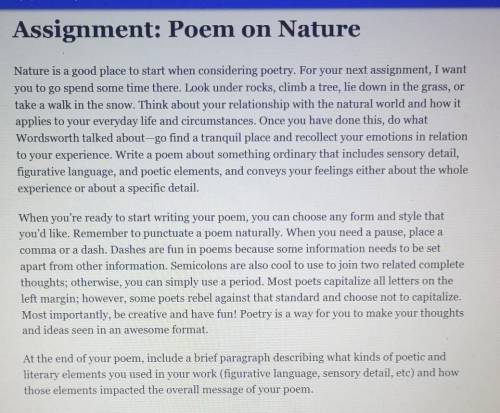 CAN SOMEONE PLS WRITE ME A POEM ABOUT NATURE ASAP

Assignment: Poem on Nature Nature is a good pla