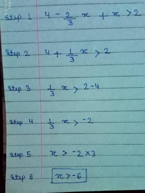 Solve for x
4 - 2/3x > 2 - x
