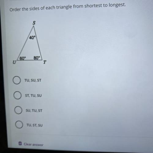 Order the sides of each triangle from shortest to longest. Thanks!