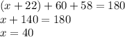 (x + 22) + 60 + 58 = 180 \\ x + 140 = 180 \\ x = 40