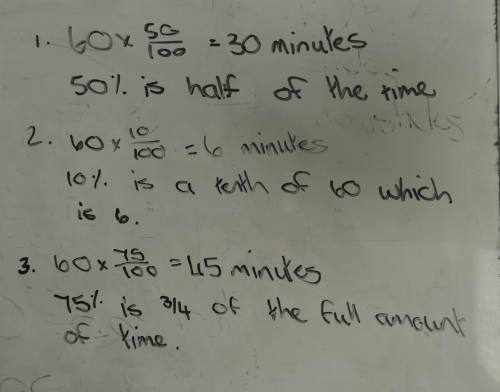 Cool-down: Around the Clock

 Answer each question and explain your reasoning.
1. How long is 50% o