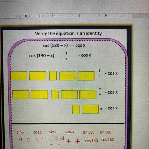 Verify the equation is an identity
cos (180 - x) = - cos x
Show Work plzzz!!!