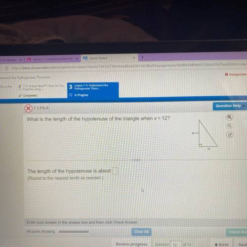 What is the length of the hypotenuse of the triangle when x = 12?
4x + 5
3x