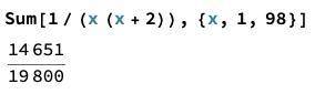 In this problem we evaluate the series:

1/(1x3)+1/(2x4)+1/(3x5)...+1/(98x100)
A. Notice that each