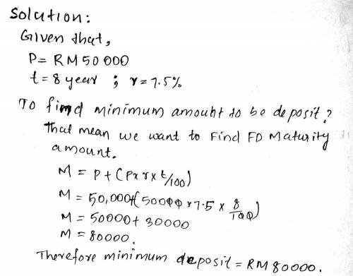 Mr. Kamal wants to get RM50 000 in his fixed deposit account within 8 years. What is the minimum amo