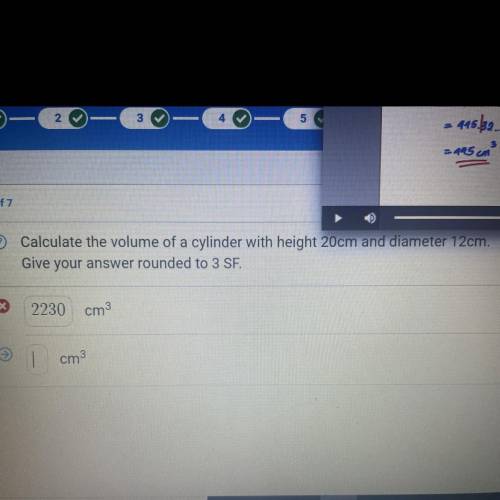 Calculate the volume of a cylinder with height 20cm and diameter 12cm. Give your answer rounded to