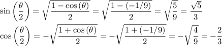 \sin{\left(\dfrac{\theta}{2}\right)}=\sqrt{\dfrac{1-\cos{(\theta)}}{2}}=\sqrt{\dfrac{1-(-1/9)}{2}}=\sqrt{\dfrac{5}{9}}=\dfrac{\sqrt{5}}{3}\\\\\cos{\left(\dfrac{\theta}{2}\right)}=-\sqrt{\dfrac{1+\cos{(\theta)}}{2}}=-\sqrt{\dfrac{1+(-1/9)}{2}}=-\sqrt{\dfrac{4}{9}}=-\dfrac{2}{3}