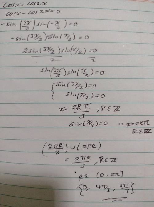 100 POINTS AND BRAINLIEST!! PRE CALC!

Solve cos x = cos 2x on the domain 0 < x ≤ 2π.
a. 2π/3, 4