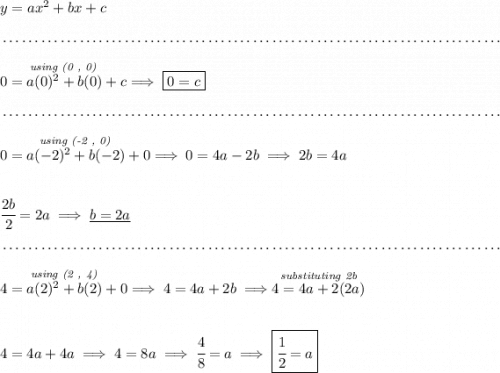 y = ax^2+bx+c \\\\[-0.35em] ~\dotfill\\\\ \stackrel{\textit{using (0 , 0)}}{0 = a(0)^2+b(0)+c}\implies \boxed{0=c} \\\\[-0.35em] ~\dotfill\\\\ \stackrel{\textit{using (-2 , 0)}}{0=a(-2)^2+b(-2)+0}\implies 0=4a-2b\implies 2b=4a \\\\\\ \cfrac{2b}{2}=2a\implies \underline{b=2a} \\\\[-0.35em] ~\dotfill\\\\ \stackrel{\textit{using (2 , 4)}}{4=a(2)^2+b(2)+0}\implies 4=4a+2b\implies \stackrel{\textit{substituting 2b}}{4=4a+2(2a)} \\\\\\ 4=4a+4a\implies 4=8a\implies \cfrac{4}{8}=a\implies \boxed{\cfrac{1}{2}=a}