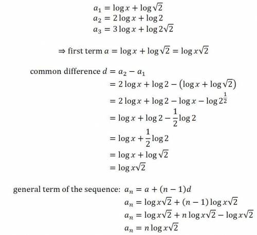 Consider the arithmetic sequence log x + log √2, 2 log x + log 2, 3 log x + log 2√2

(a) Find the g