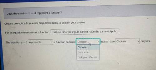 Does the equation r = 3 represent a function? Choose one option from each drop-down menu to explain