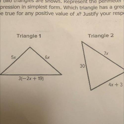 The side lengths of two triangles are shown. Represent the perimeter of each

triangle with an exp