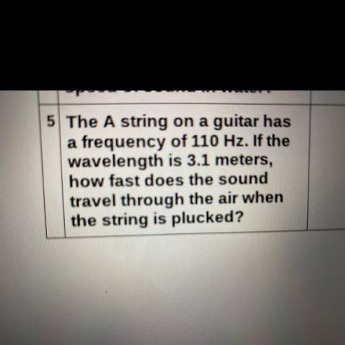 The A string on a guitar has

a frequency of 110 Hz. If the
wavelength is 3.1 meters,
how fast doe