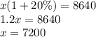 x(1+20\%)=8640\\1.2x=8640\\x=7200