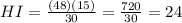 HI=\frac{(48)(15)}{30} =\frac{720}{30} =24