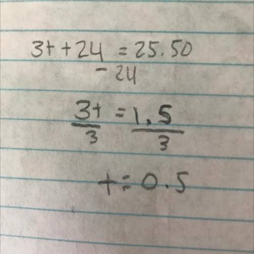 What is the value of t in 3(8+t)=25.50