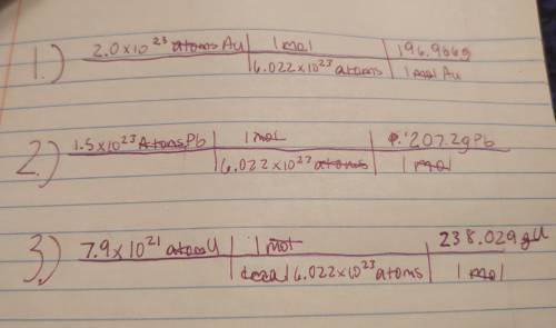 PLEASE HELP FAST !

Calculate the mass in grams of each of the following . 2.0•10^23 gold atoms 1.5