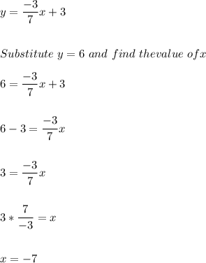 y=\dfrac{-3}{7}x+3\\\\\\Substitute \ y =6 \ and \ find \ the value \ of x\\\\6=\dfrac{-3}{7}x+3\\\\\\6-3=\dfrac{-3}{7}x\\\\\\3=\dfrac{-3}{7}x\\\\\\3*\dfrac{7}{-3}=x\\\\\\x=-7