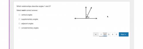 Which relationships describe angles 1 and 2?

Select each correct answer.
vertical angles
suppleme