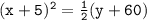 \tt (x+5)^2=\frac{1}{2} (y+60)