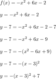 f(x)=-x^2+6x-2\\\\y=-x^2+6x-2\\\\y-7=-x^2+6x-2-7\\\\y-7=-x^2+6x-9\\\\y-7=-(x^2-6x+9)\\\\y-7=-(x-3)^2\\\\y=-(x-3)^2+7