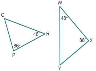Consider these triangles with two known angle measures. Answer the questions about the triangles.