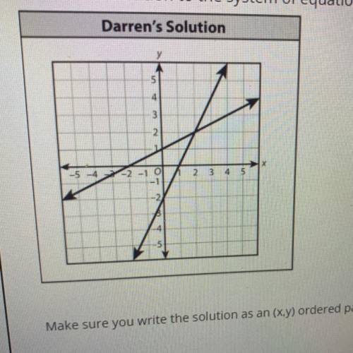 What is the solution to the system of equations that Darren graphed?

make sure you write the solu