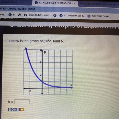 Below is the graph of y=bt. Find b.

y
X
b =
DONE
I don't the answer someone please help